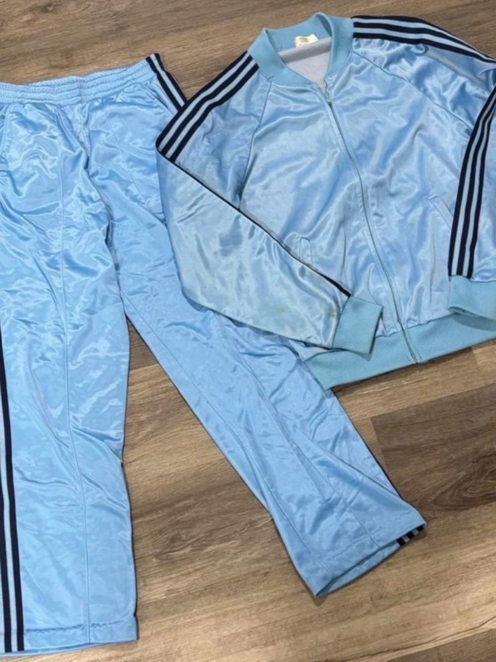 adidas Light Blue Track Jacket & Pants Set with Navy Stripes